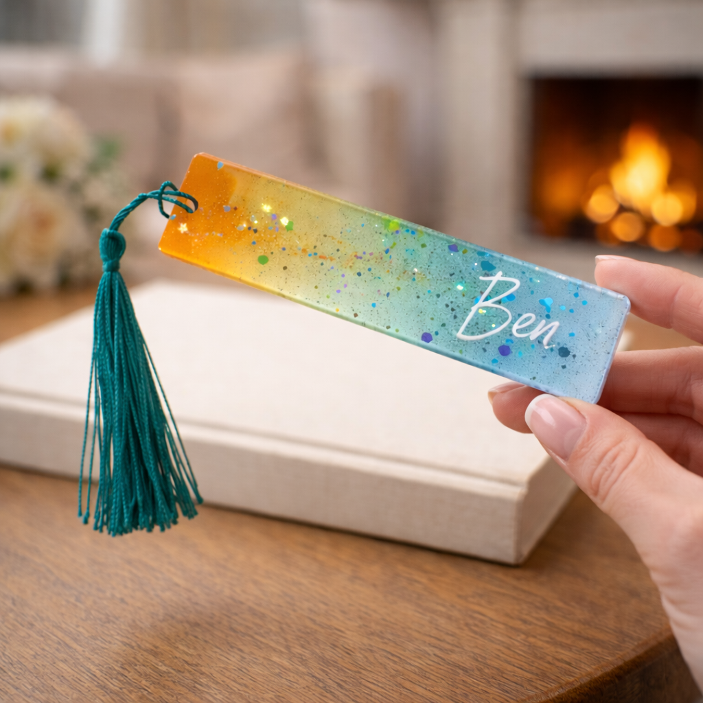Personalisiertes Glitzer-Lesezeichen mit Namen – Handgemacht mit Liebe
