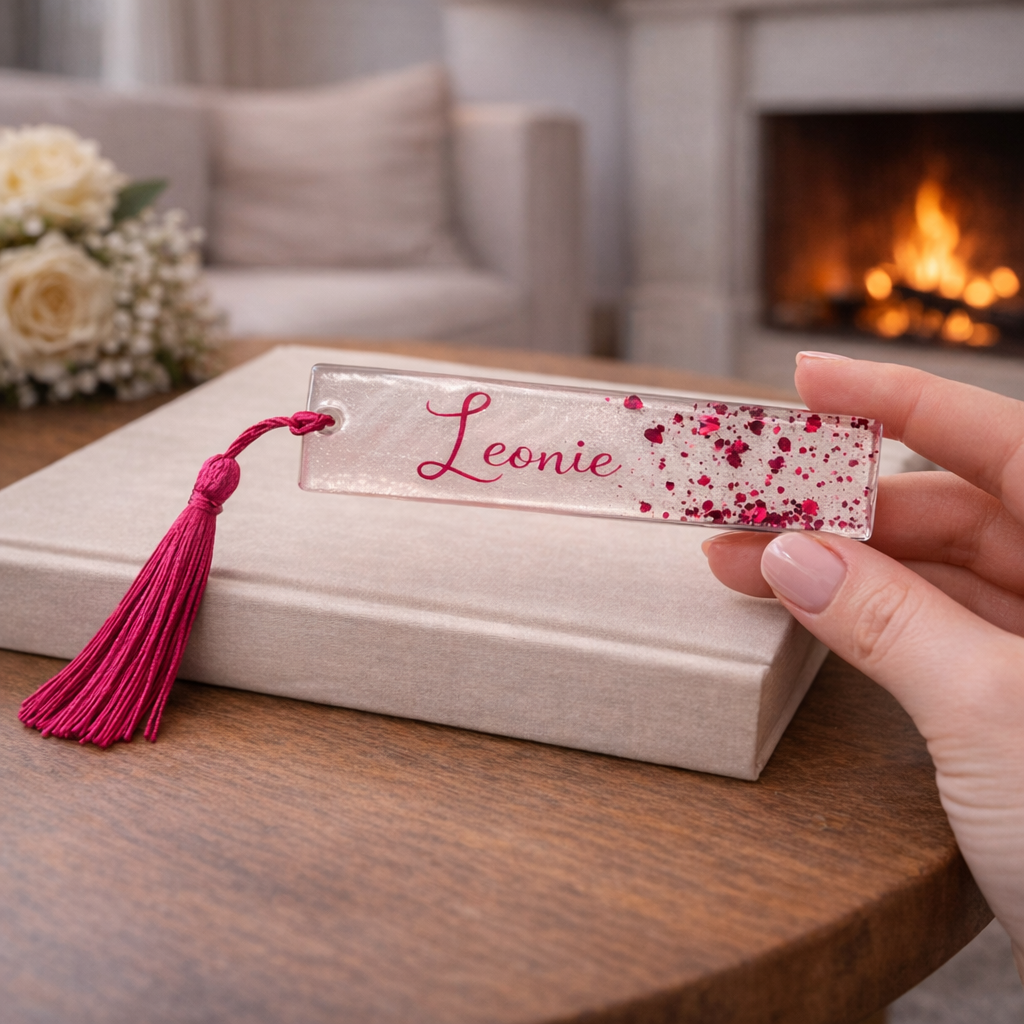 Personalisiertes Lesezeichen - Handmade Resin Bookmark mit Glitzer & Quaste