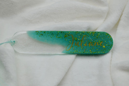 Personalisierbares Lesezeichen – Glitzer Türkis mit Namen personalisierbar – Handgegossen