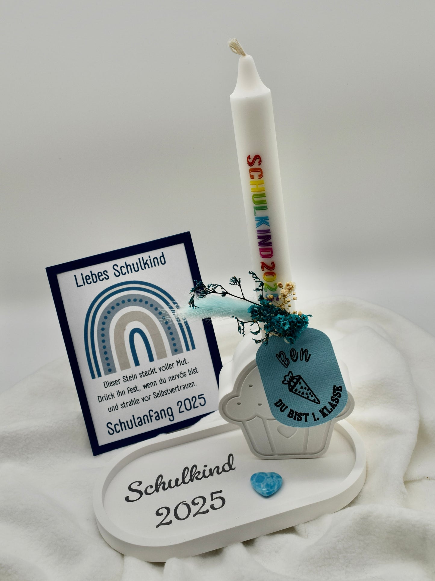 Geschenkset Schulkind 2025 – Kerze, Mutstein & personalisierte Einschulungsdeko