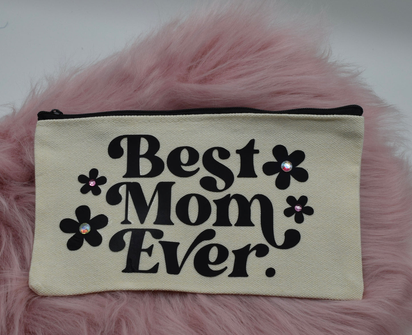 Handgemachte Kosmetiktasche „Best Mom Ever“ – Schminktasche mit edlen Glitzersteinen – Perfekte Geschenkidee für Mama