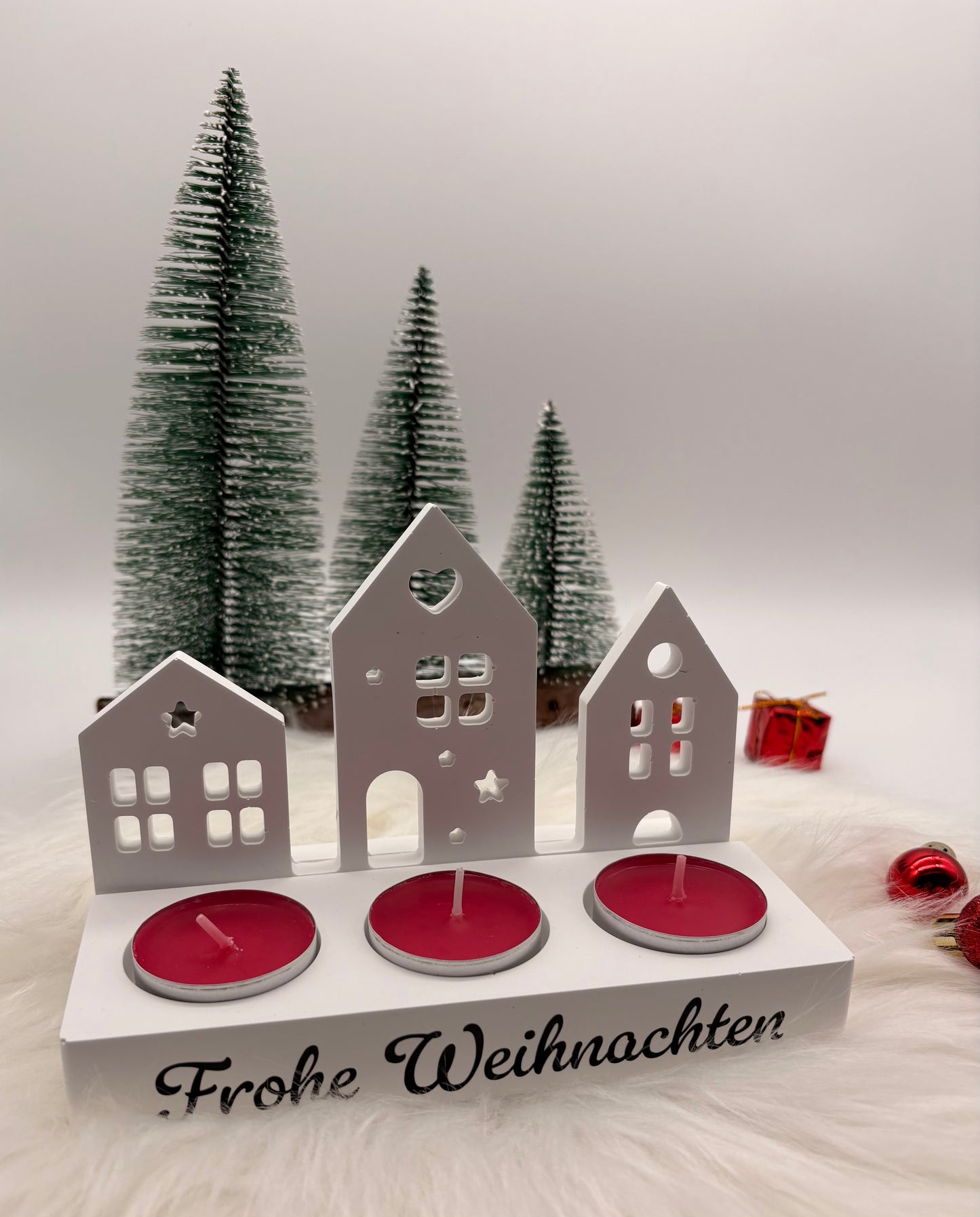 Kerzenhalter „Frohe Weihnachten“ mit Häuser-Motiv – Weihnachtsdeko & Geschenkidee
