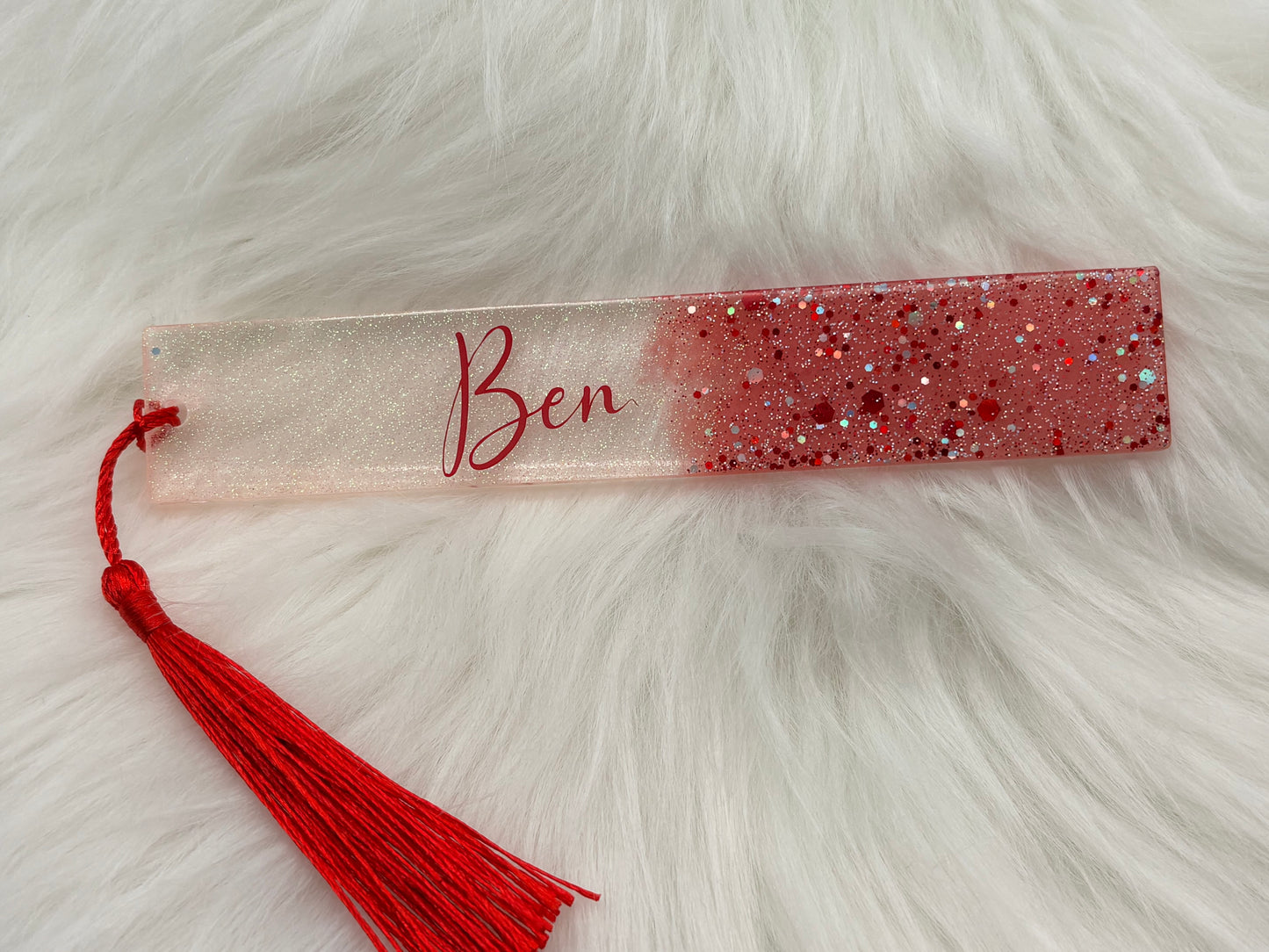 Personalisierbares Lesezeichen – Glitzer rot/silber mit Namen personalisierbar