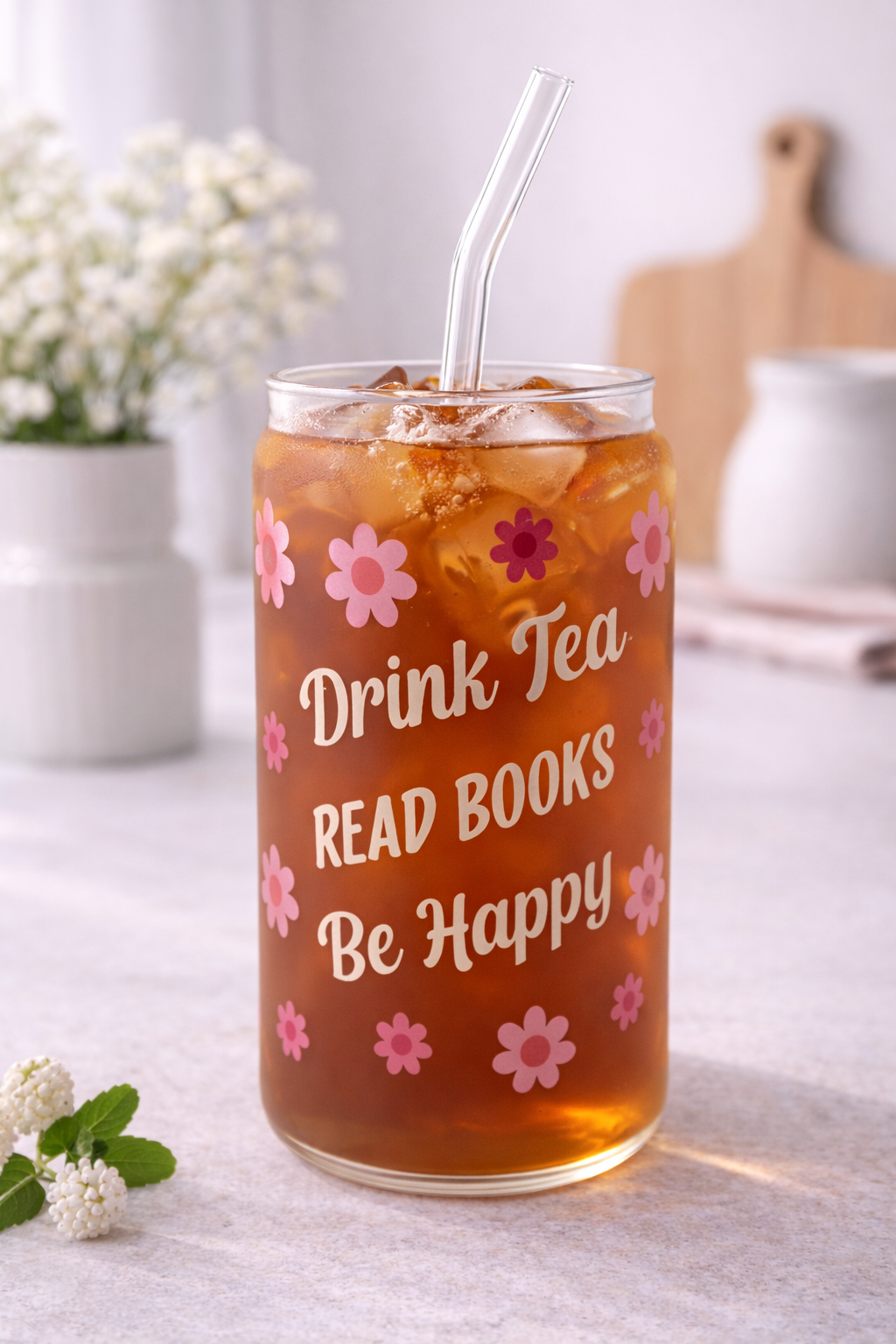 Trinkglas mit Deckel & Strohhalm - DRINK TEA, READ BOOKS, BE HAPPY