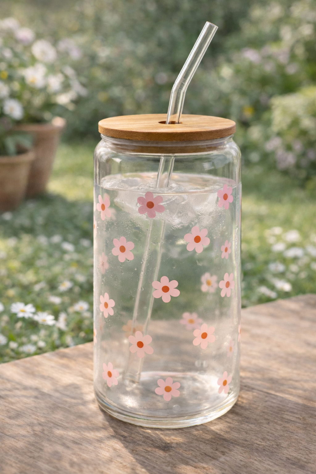 Trinkglas mit Deckel & Strohhalm - Gänseblümchen rosa