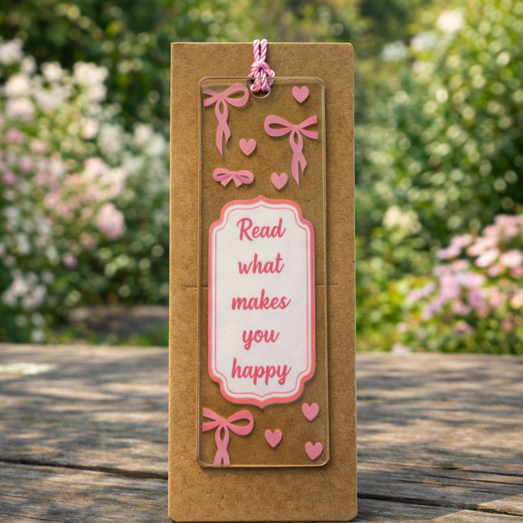 Acryl Lesezeichen mit Quaste | Read what makes you happy Schleifen Design
