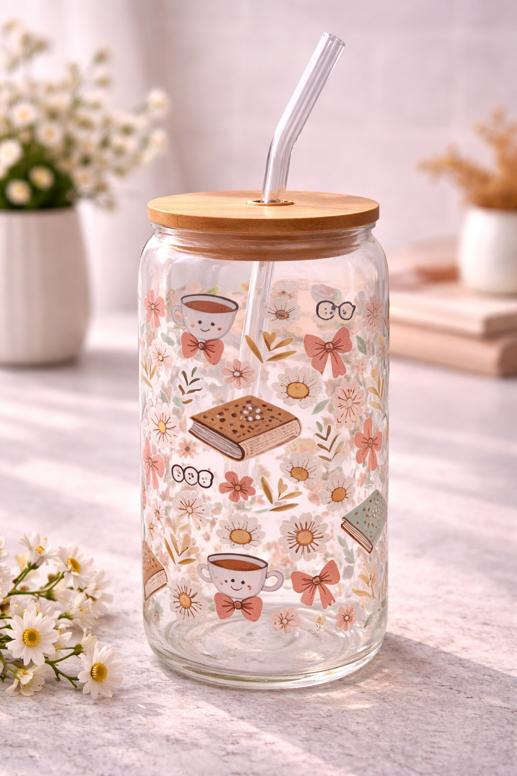 Cozy Trinkglas mit Deckel & Strohhalm – Bücher, Kaffee & Blumen Design