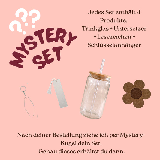 Mystery Set mit Trinkglas, Untersetzer, Lesezeichen & Schlüsselanhänger | Überraschungsset mit Preisvorteil | Geschenkidee