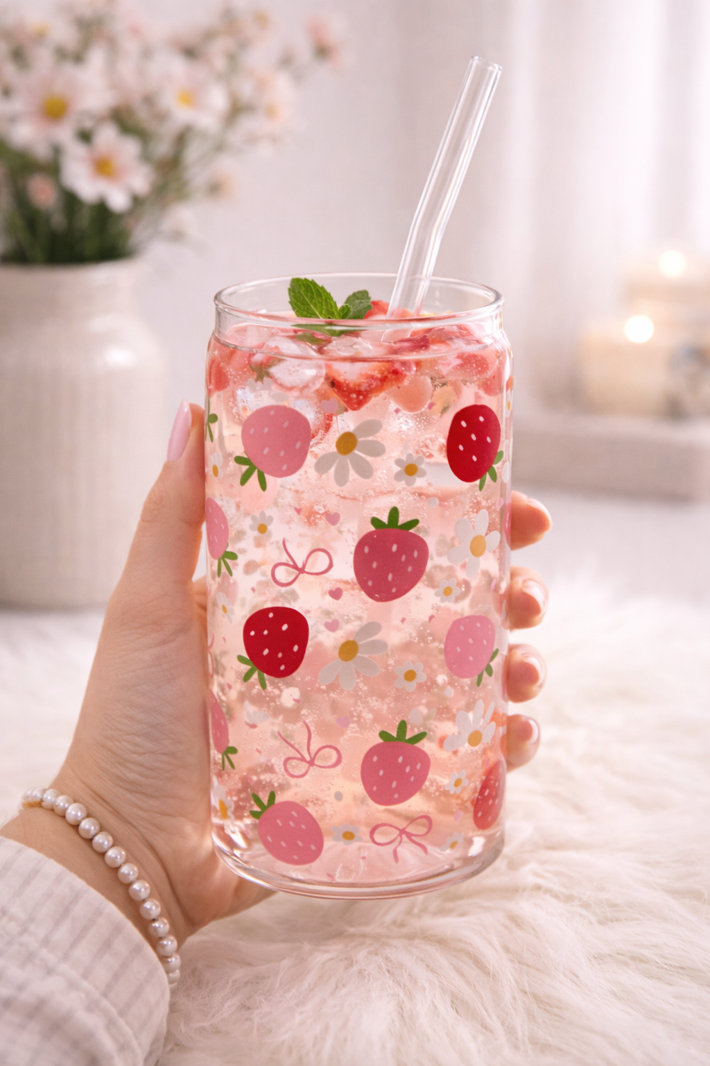 Trinkglas mit Deckel & Strohhalm - Erdbeeren