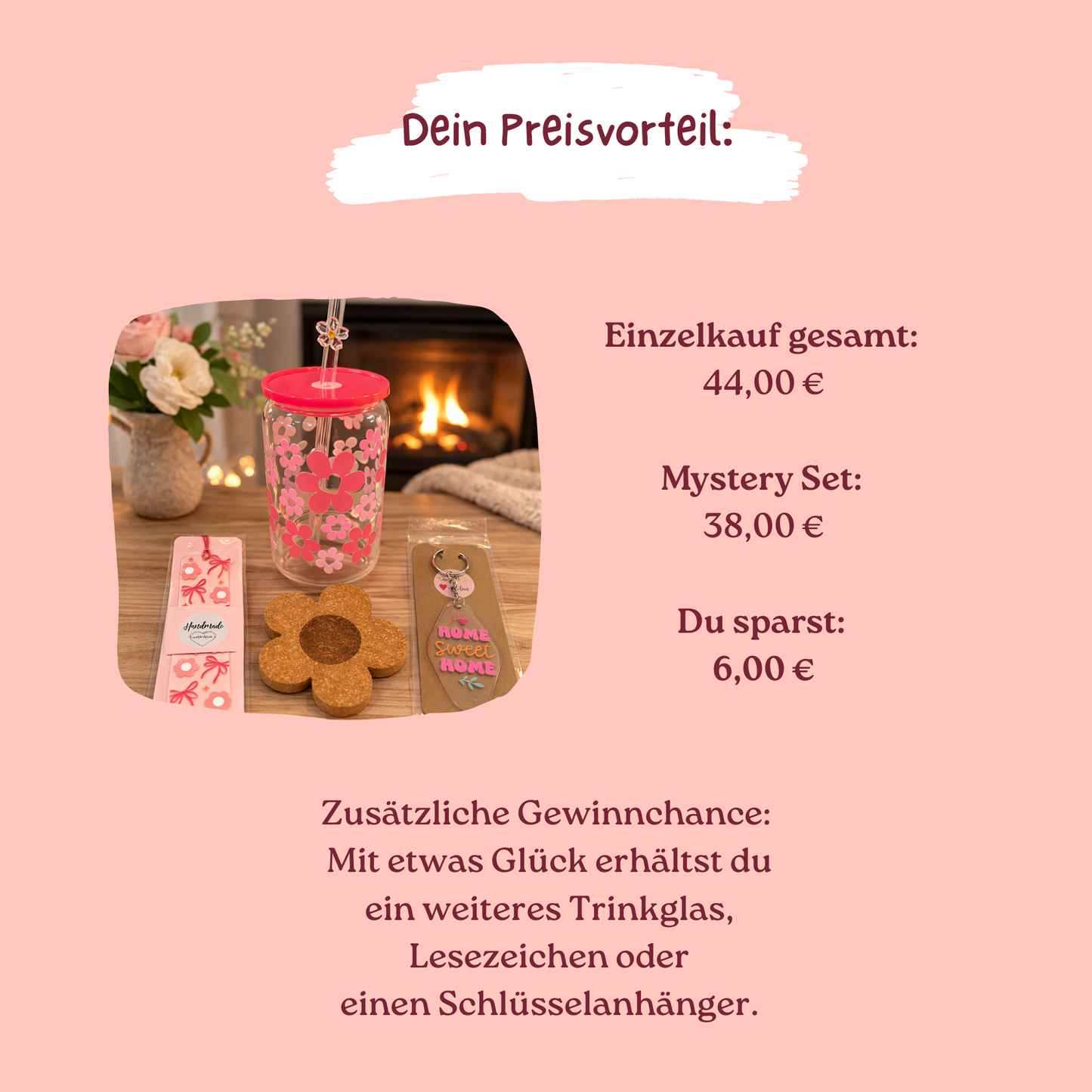 Mystery Set mit Trinkglas, Untersetzer, Lesezeichen & Schlüsselanhänger | Überraschungsset mit Preisvorteil | Geschenkidee