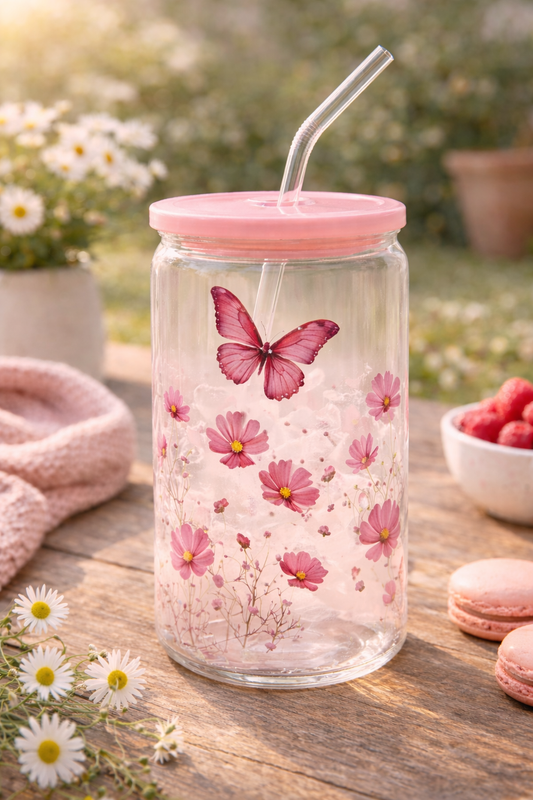 Trinkglas mit Deckel & Strohhalm - Blumen und Schmetterling Design