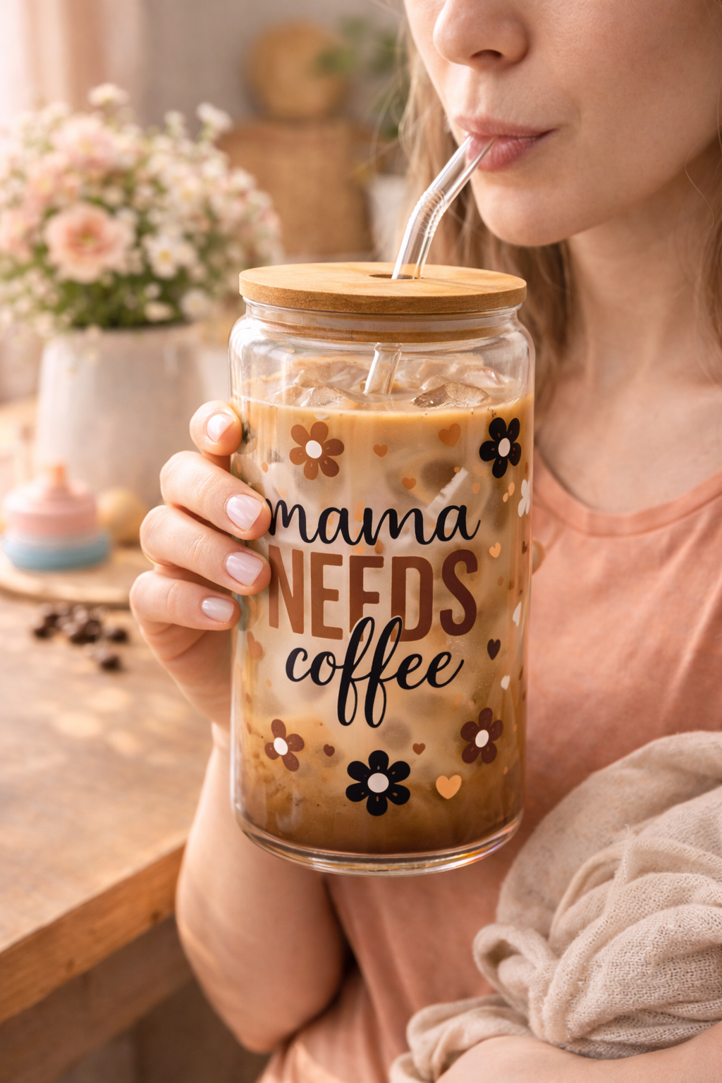 Trinkglas mit Deckel & Strohhalm für Mamas