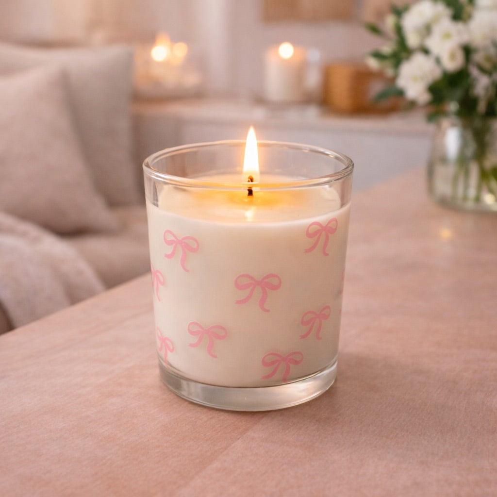 Duftkerze im Glas mit Vanilleduft – verschiedene Designs – Herzchen, Schleifen oder Blumen