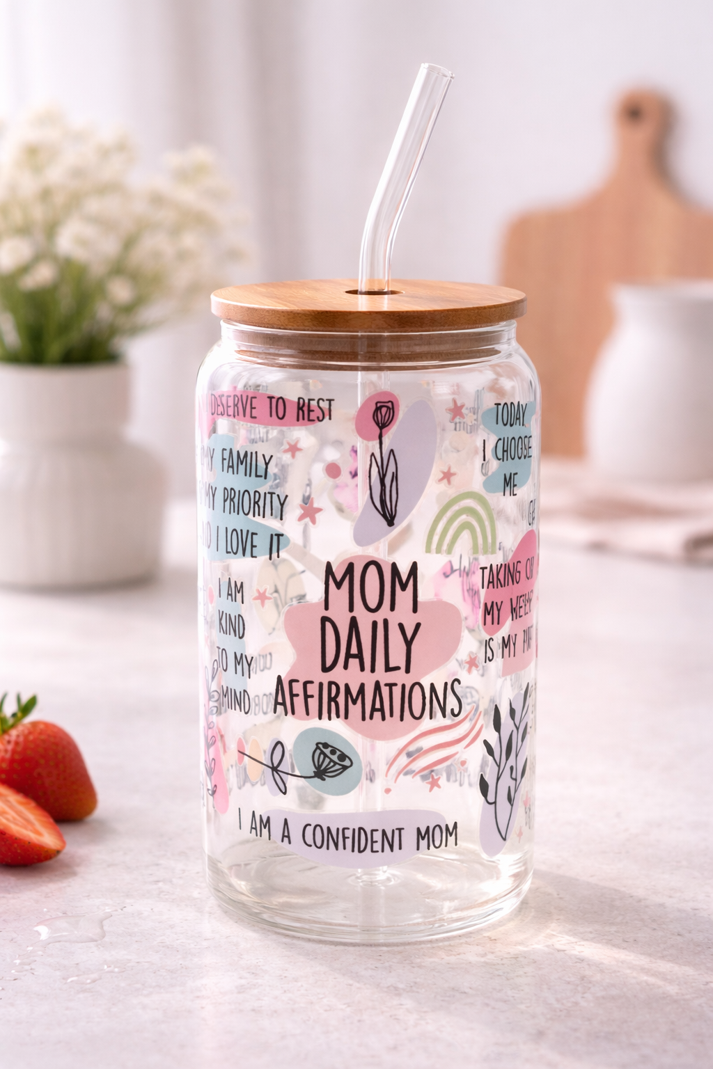 Affirmations Glas für Mamas – Trinkglas mit Deckel & Strohhalm – Mom Daily Affirmations