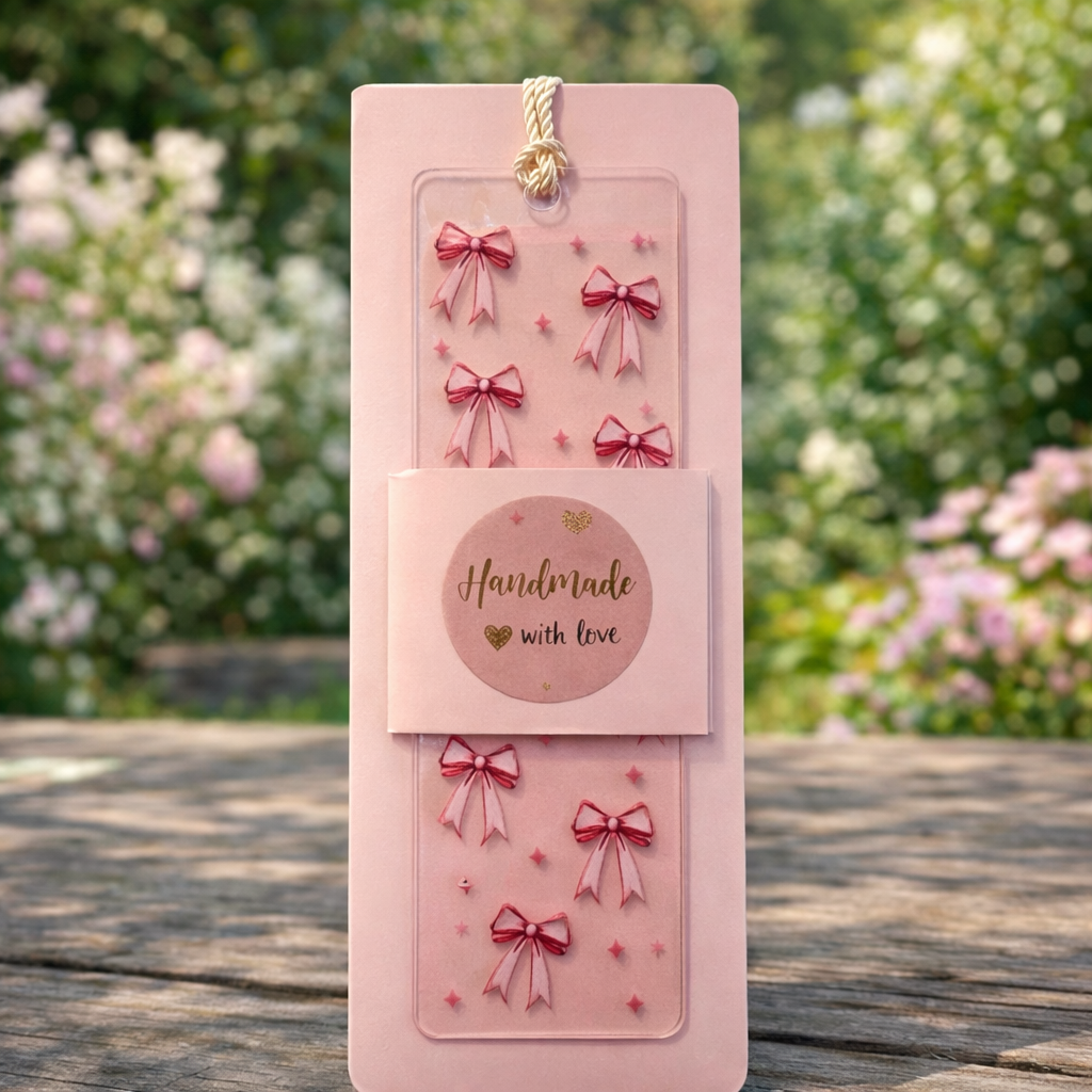 Acryl Lesezeichen mit Quaste | Rosa Schleifen Design