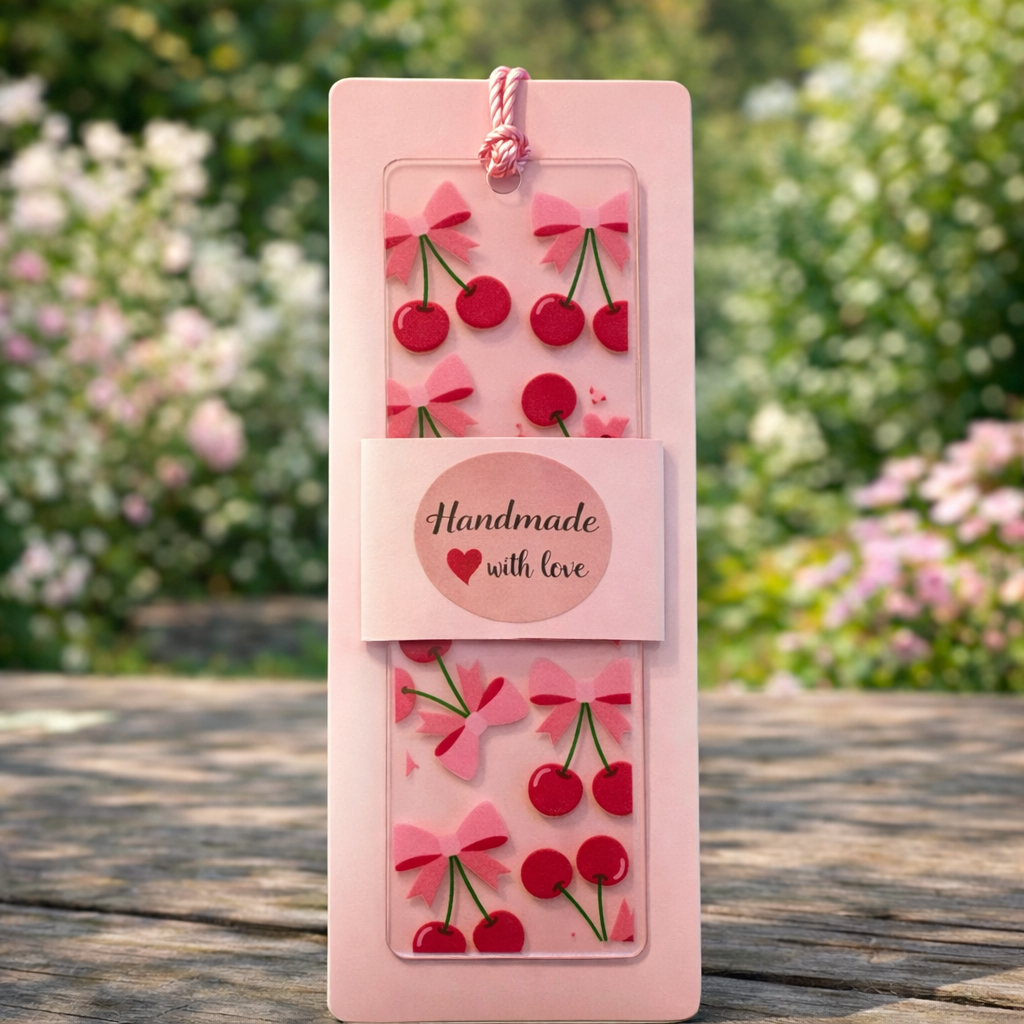 Acryl Lesezeichen mit Quaste | Rosa Schleifen Kirschen Design