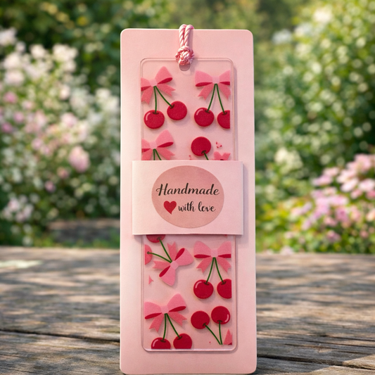 Acryl Lesezeichen mit Quaste | Rosa Schleifen Kirschen Design