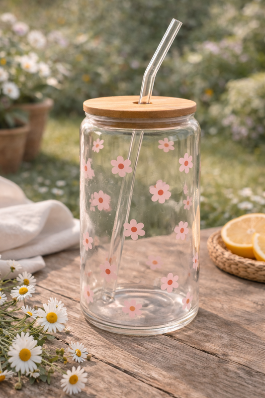 Trinkglas mit Deckel & Strohhalm - Gänseblümchen rosa