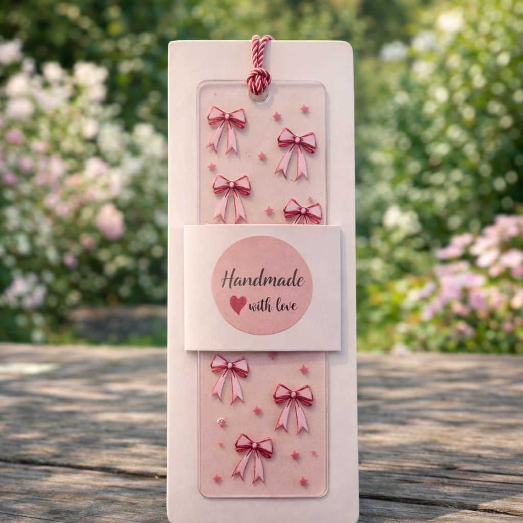 Acryl Lesezeichen mit Quaste | Rosa Schleifen Design