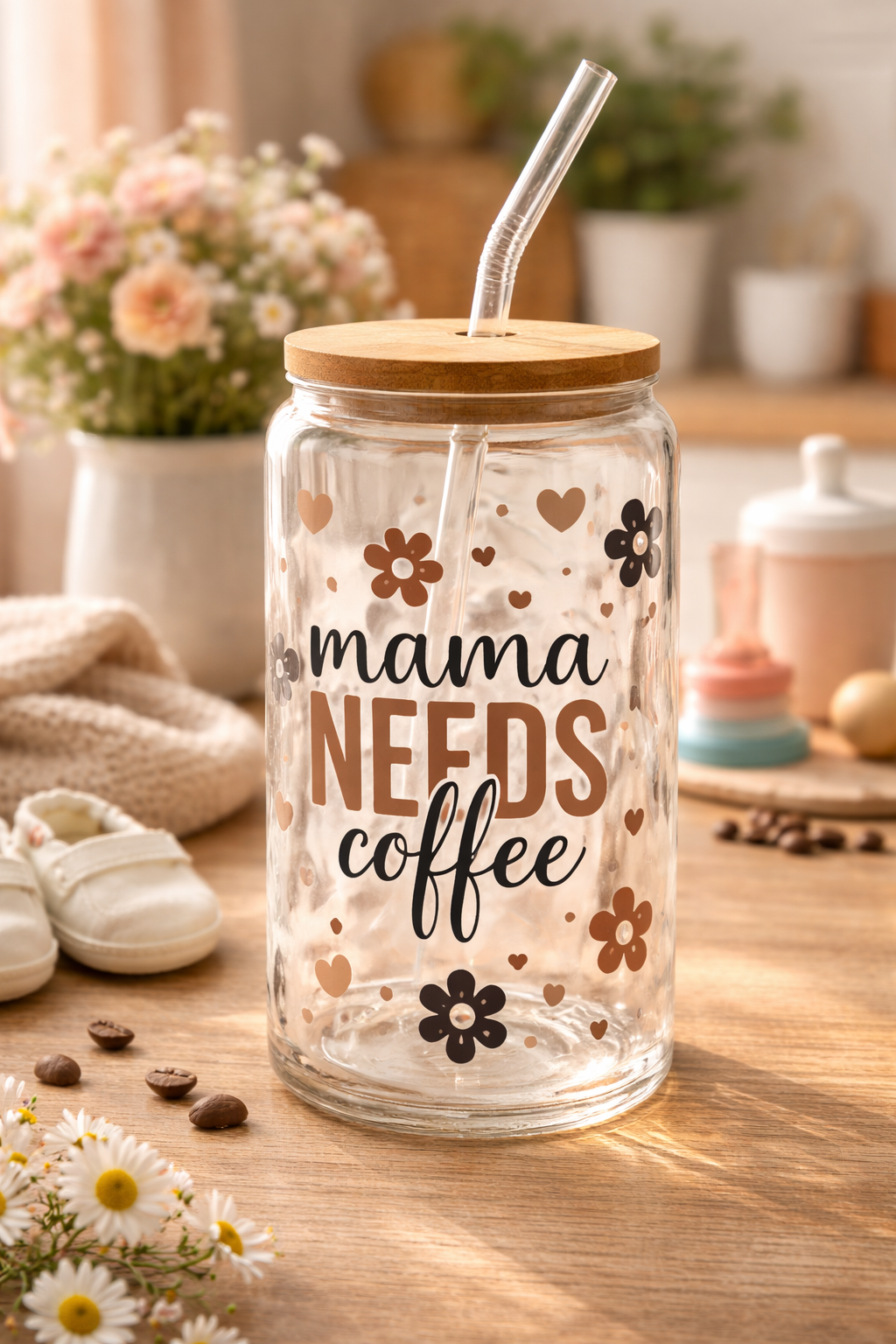 Trinkglas mit Deckel & Strohhalm für Mamas