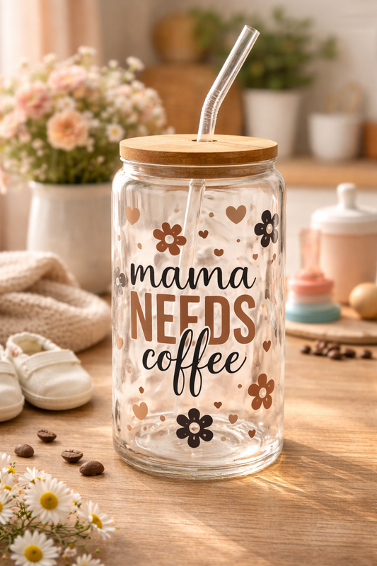 Trinkglas mit Deckel & Strohhalm für Mamas