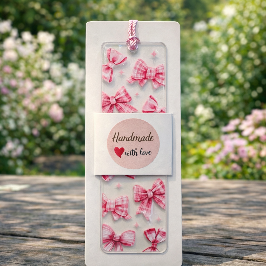 Acryl Lesezeichen mit Quaste | Rosa Schleifen Design