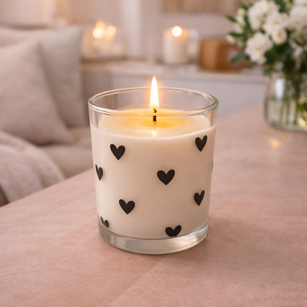 Duftkerze im Glas mit Vanilleduft – verschiedene Designs – Herzchen, Schleifen oder Blumen