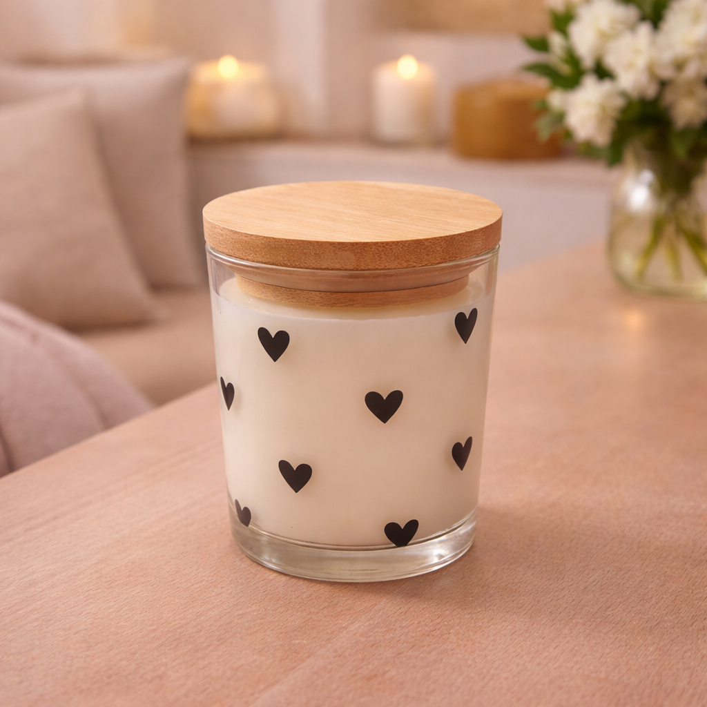Duftkerze im Glas mit Vanilleduft – verschiedene Designs – Herzchen, Schleifen oder Blumen