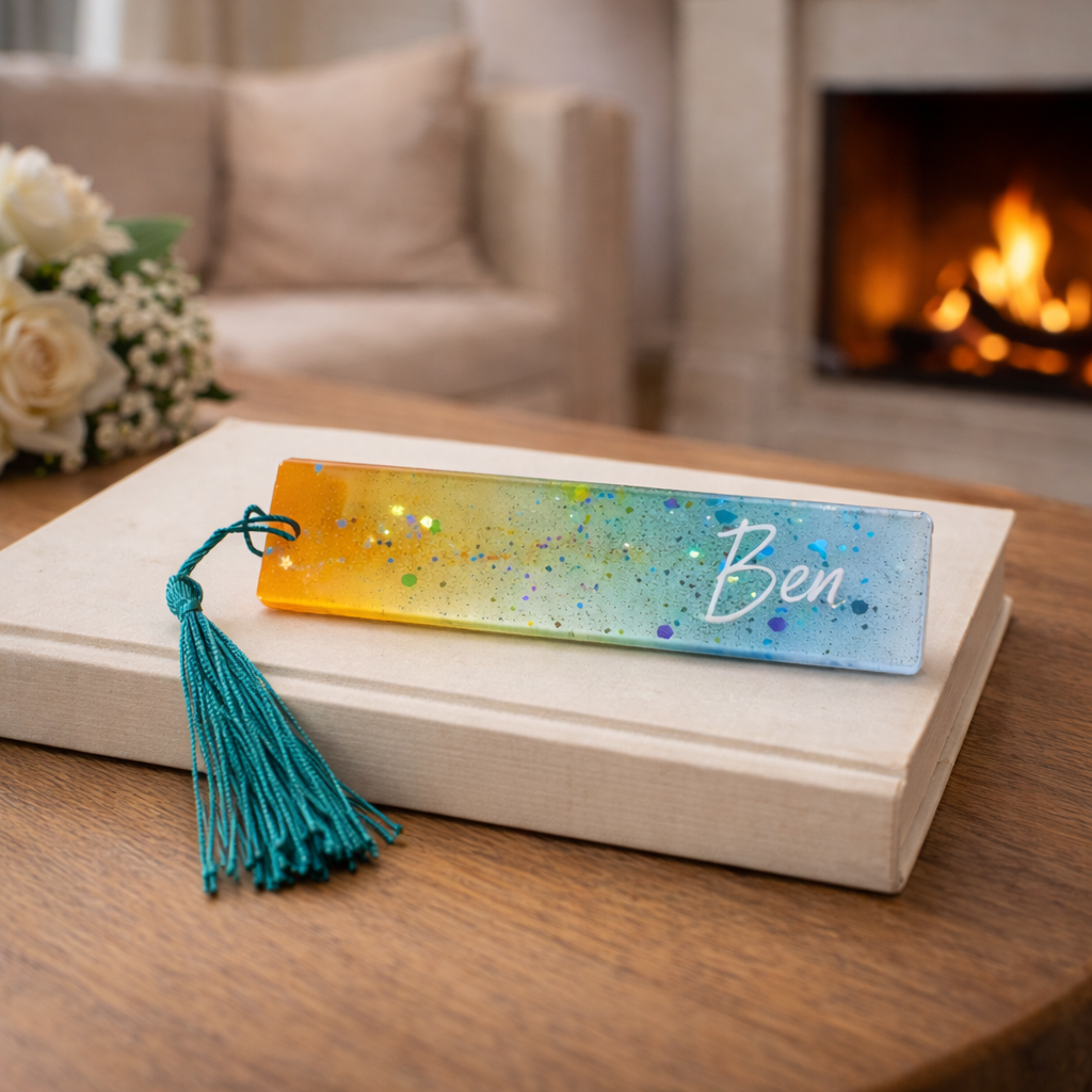 Personalisiertes Glitzer-Lesezeichen mit Namen – Handgemacht mit Liebe