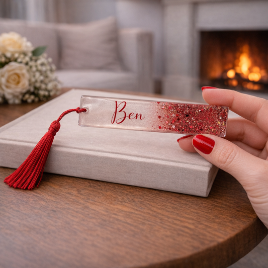 Personalisierbares Lesezeichen – Glitzer rot/silber mit Namen personalisierbar