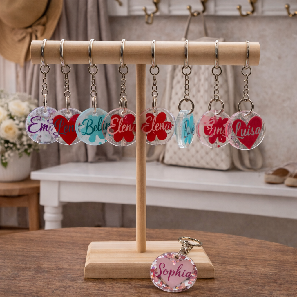 Personalisierter Schlüsselanhänger aus Resin – mit Wunschname & Design (Herz, Blume, Farbklecks)