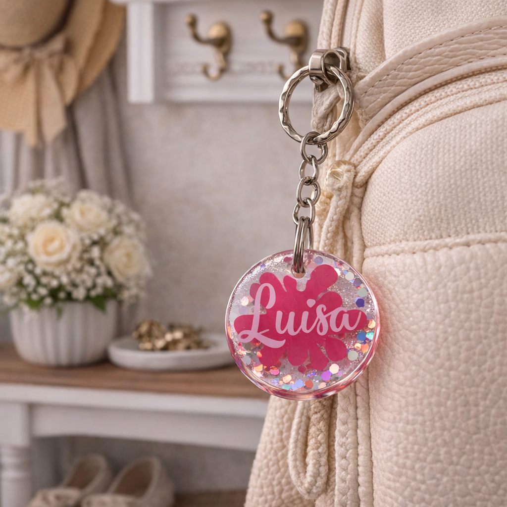 Personalisierter Schlüsselanhänger aus Resin – mit Wunschname & Design (Herz, Blume, Farbklecks)
