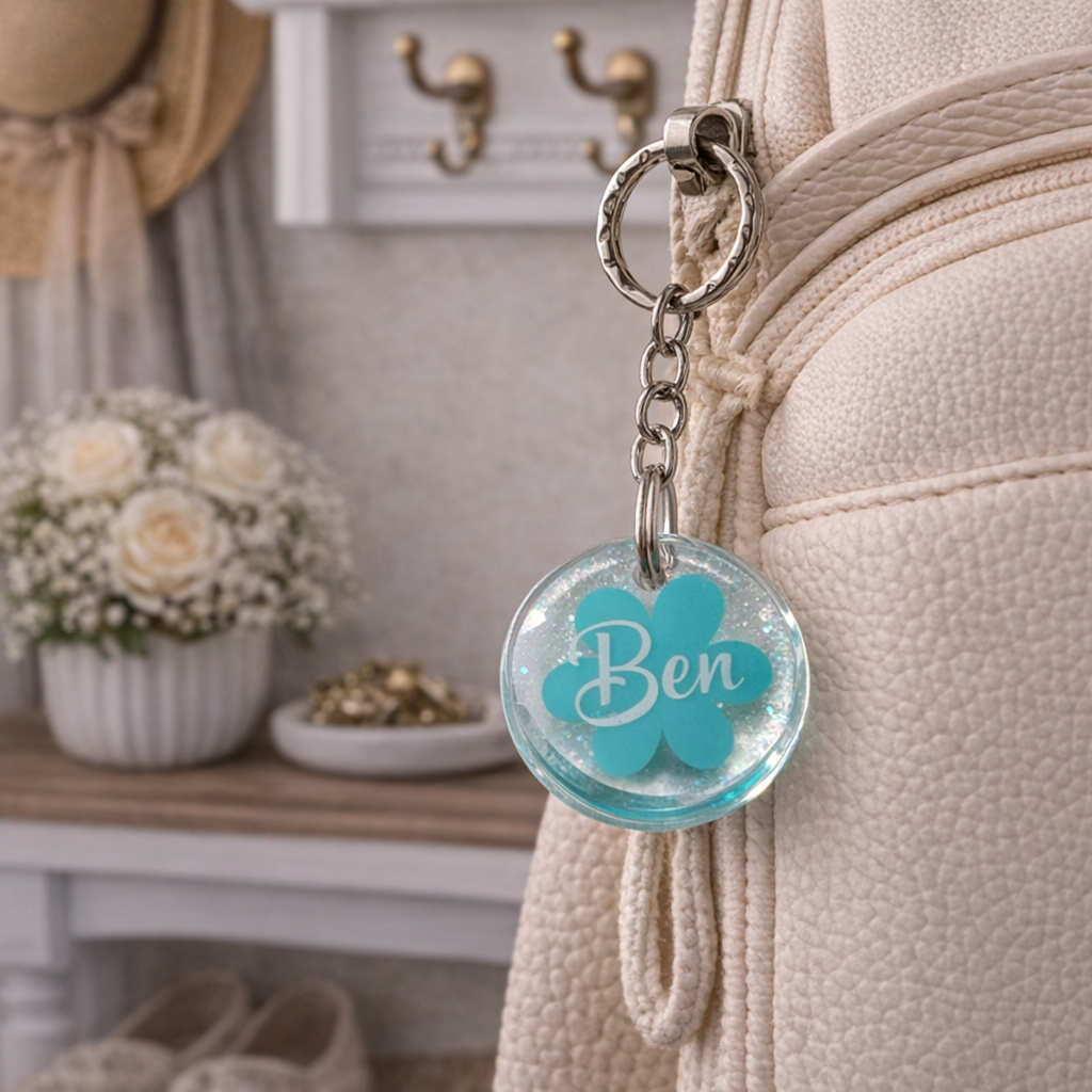 Personalisierter Schlüsselanhänger aus Resin – mit Wunschname & Design (Herz, Blume, Farbklecks)