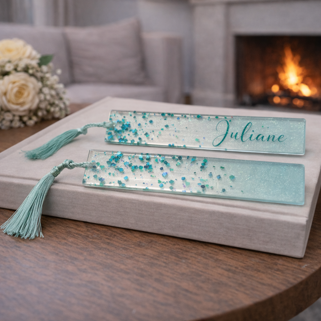 Personalisiertes Lesezeichen - Handmade Resin Bookmark mit Glitzer & Quaste
