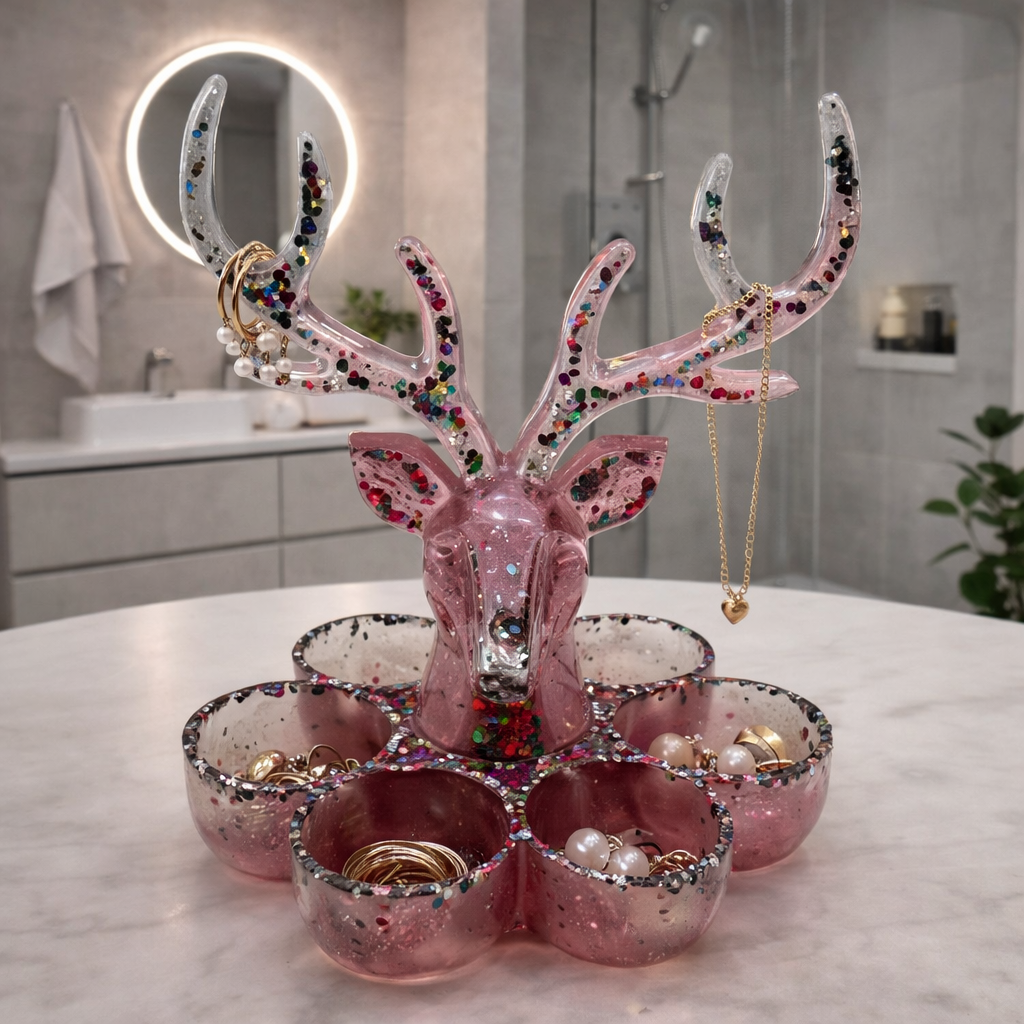 Resin Hirsch Schmuckhalter – Handmade Schmuckablage mit Glitzer & Fächern – Personalisierbar