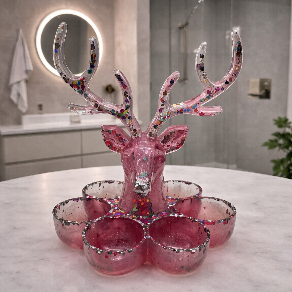 Resin Hirsch Schmuckhalter – Handmade Schmuckablage mit Glitzer & Fächern – Personalisierbar