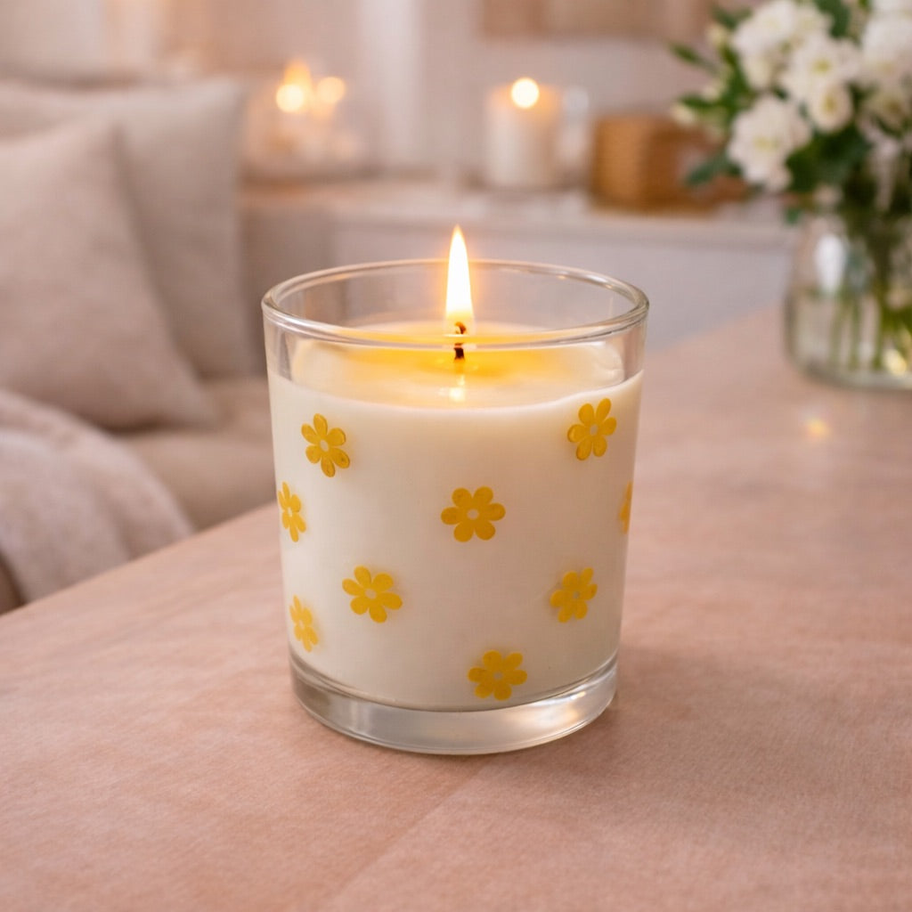 Duftkerze im Glas mit Vanilleduft – verschiedene Designs – Herzchen, Schleifen oder Blumen