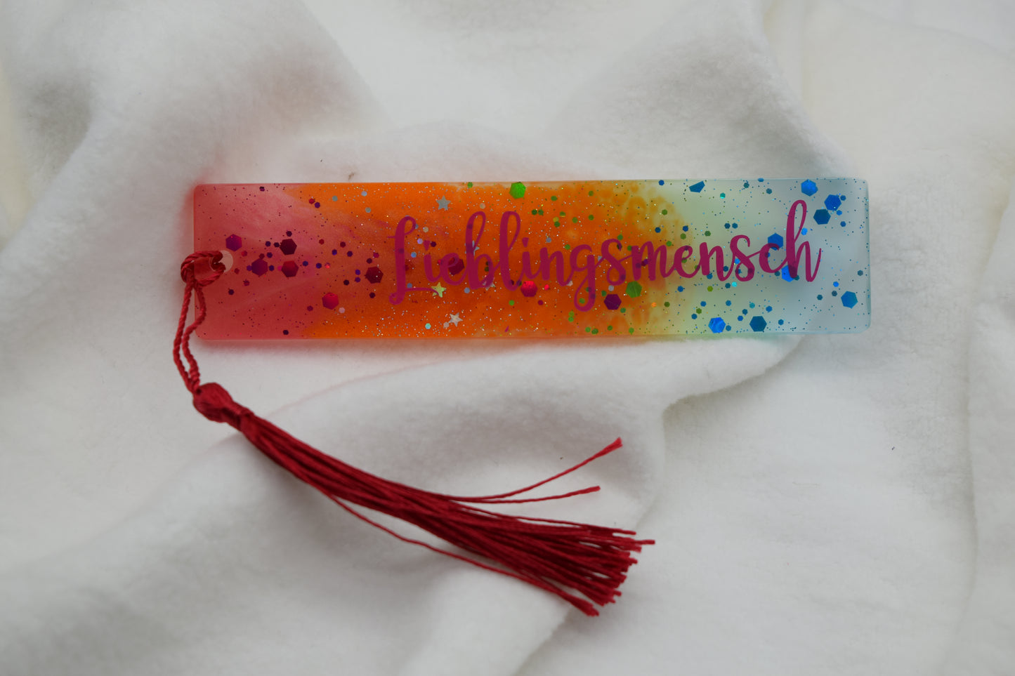 Lesezeichen mit Text „Lieblingsmensch“ – Handgemacht mit Glitzer & Farbverlauf