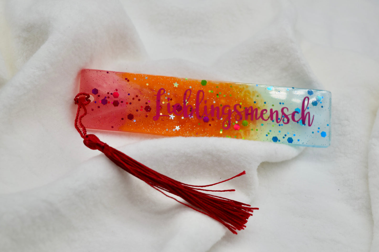 Lesezeichen mit Text „Lieblingsmensch“ – Handgemacht mit Glitzer & Farbverlauf