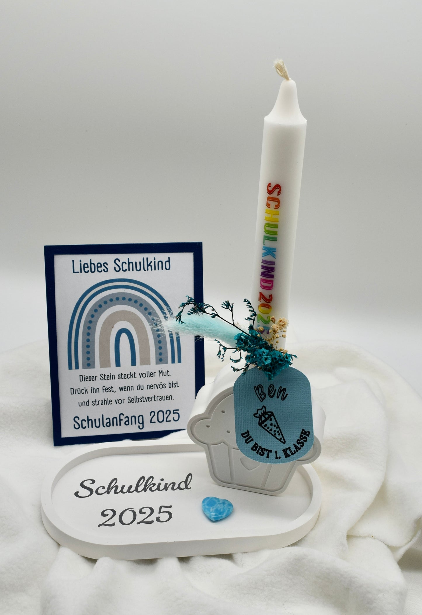 Geschenkset Schulkind 2025 – Kerze, Mutstein & personalisierte Einschulungsdeko