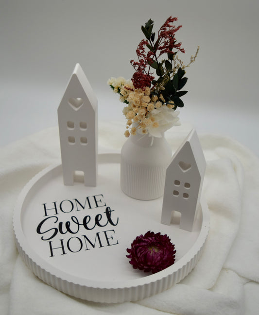 Home Sweet Home – Dekotablett mit Häuschen & Trockenblumen