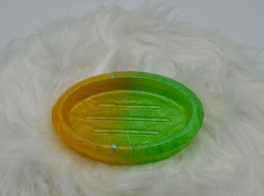 Seifenschale aus Epoxidharz – handgemachte Seifenablage mit Glitzer in Gelb & Grün