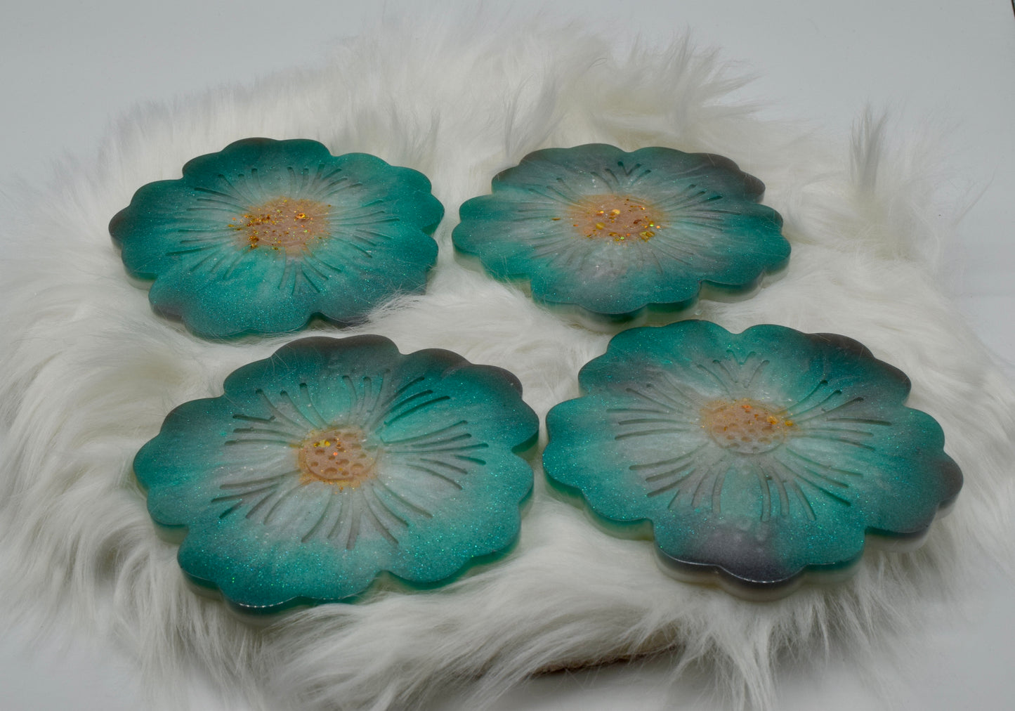 Blumen-Untersetzer aus Epoxidharz – 4er Set in Türkis, Grau & Gold – Handgefertigte Glitzer-Tischdeko