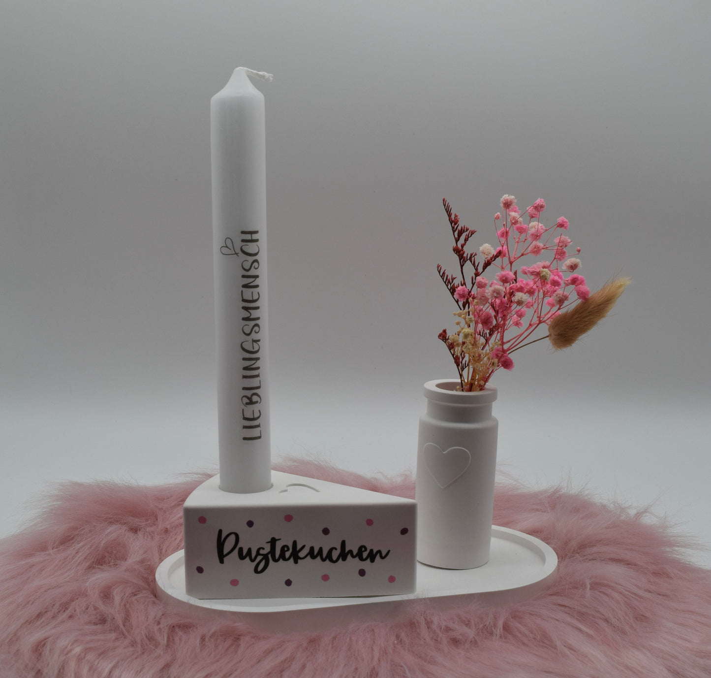 Handgemachtes Deko-Set "Pustekuchen" – Kerzenhalter in Kuchenform mit Trockenblumen & Lieblingsmensch-Kerze