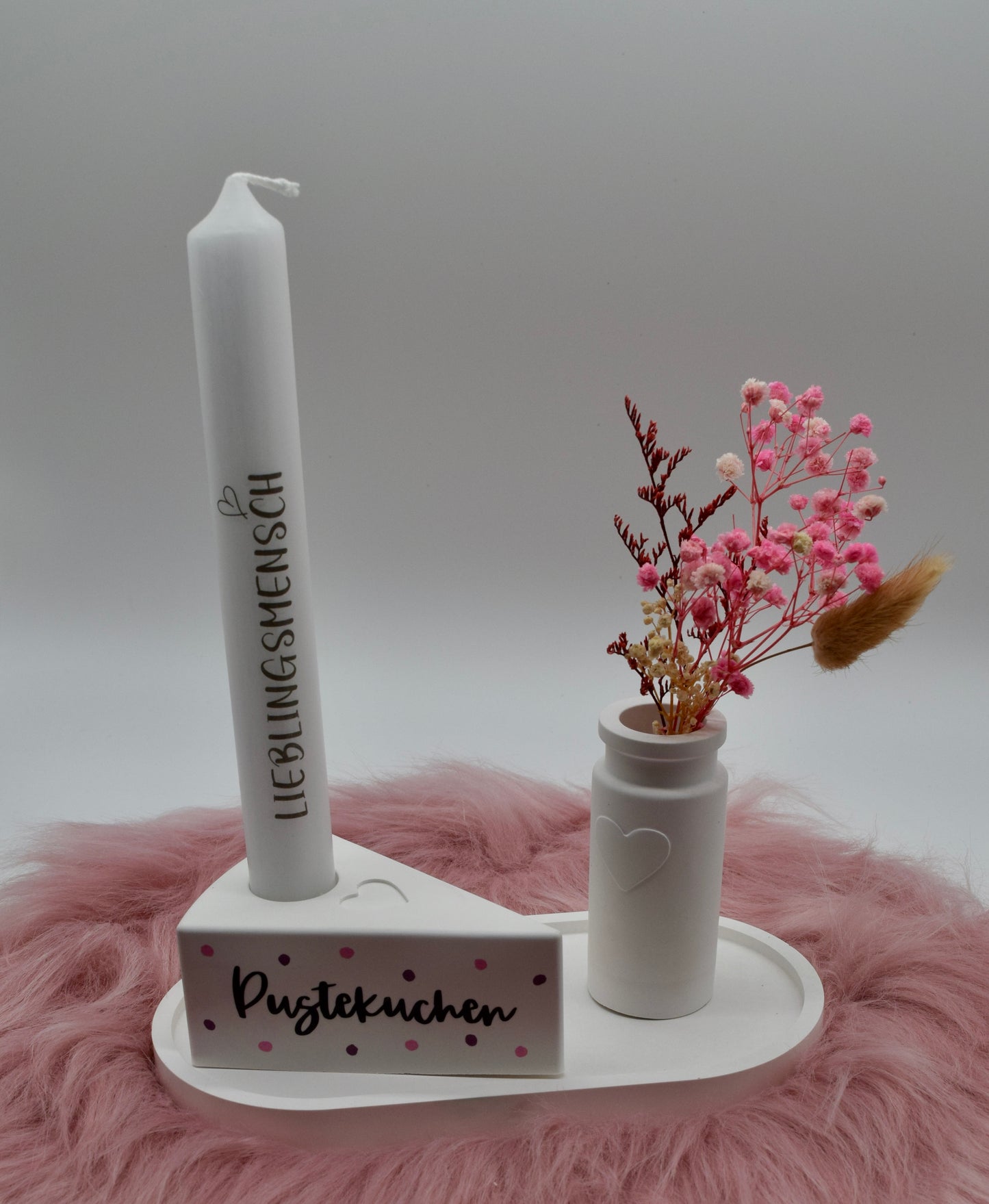 Handgemachtes Deko-Set "Pustekuchen" – Kerzenhalter in Kuchenform mit Trockenblumen & Lieblingsmensch-Kerze
