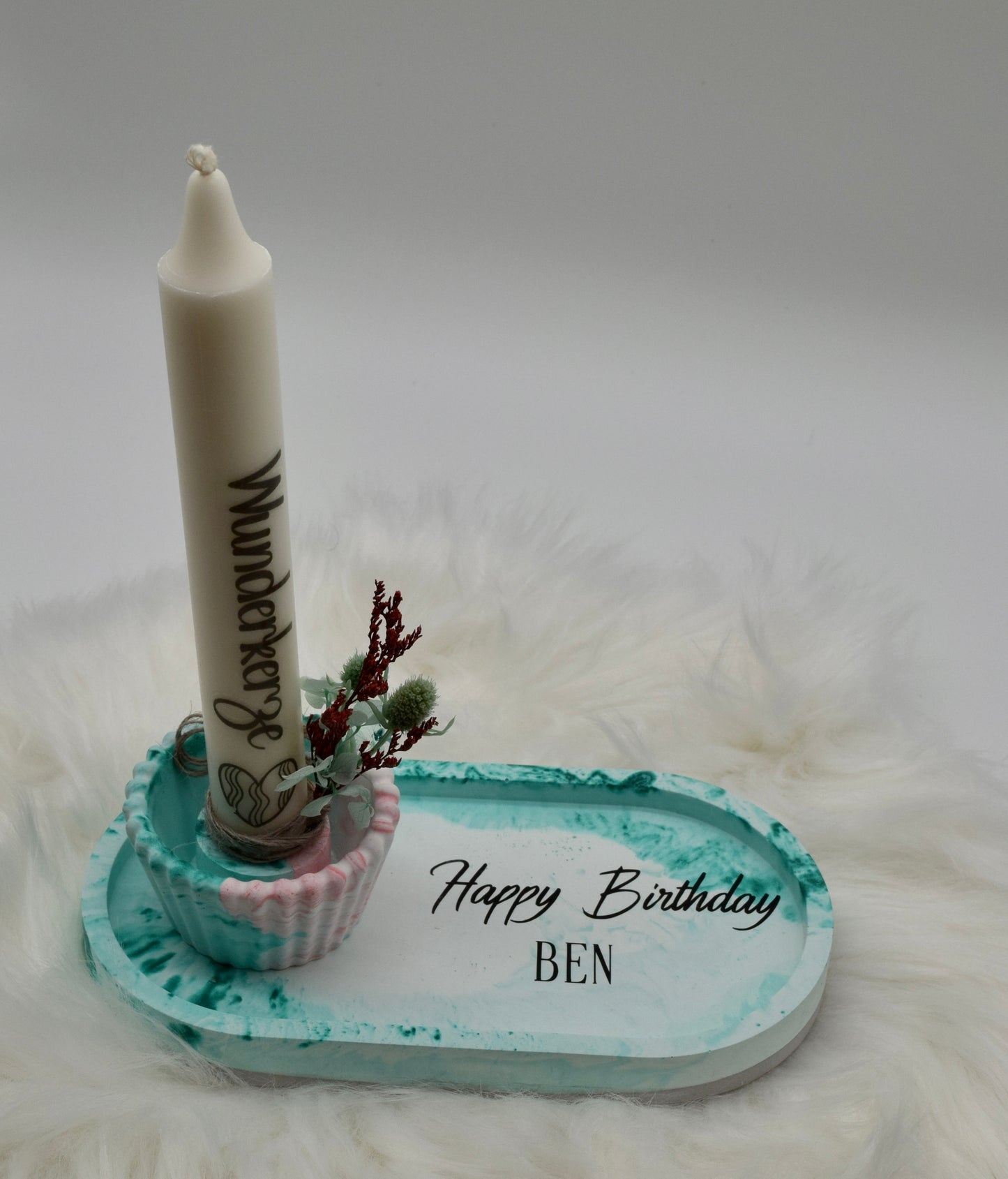 Personalisierbares Deko-Set zum Geburtstag – Handgemacht mit Wunschname, Kerze & Trockenblumen