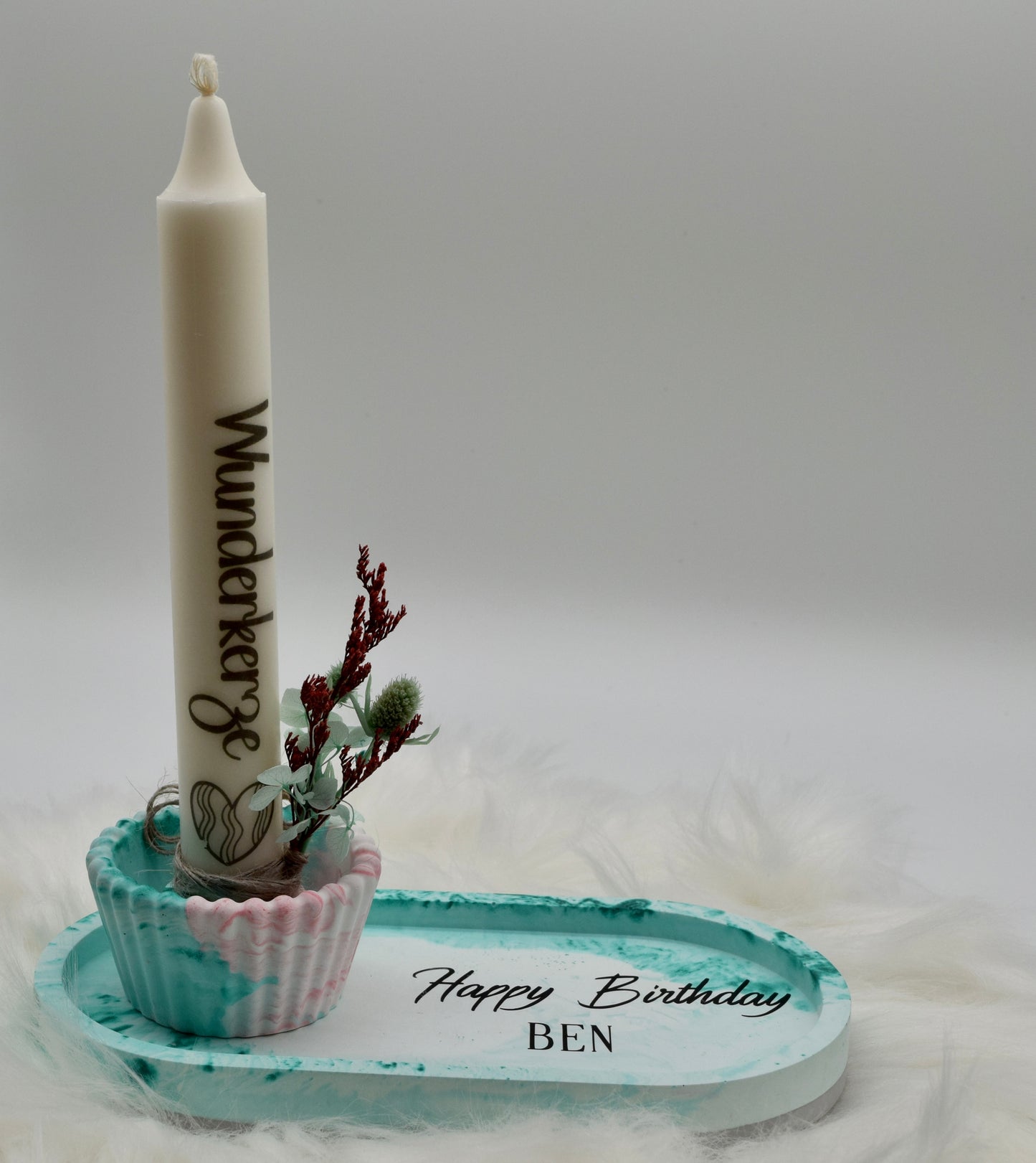 Personalisierbares Deko-Set zum Geburtstag – Handgemacht mit Wunschname, Kerze & Trockenblumen