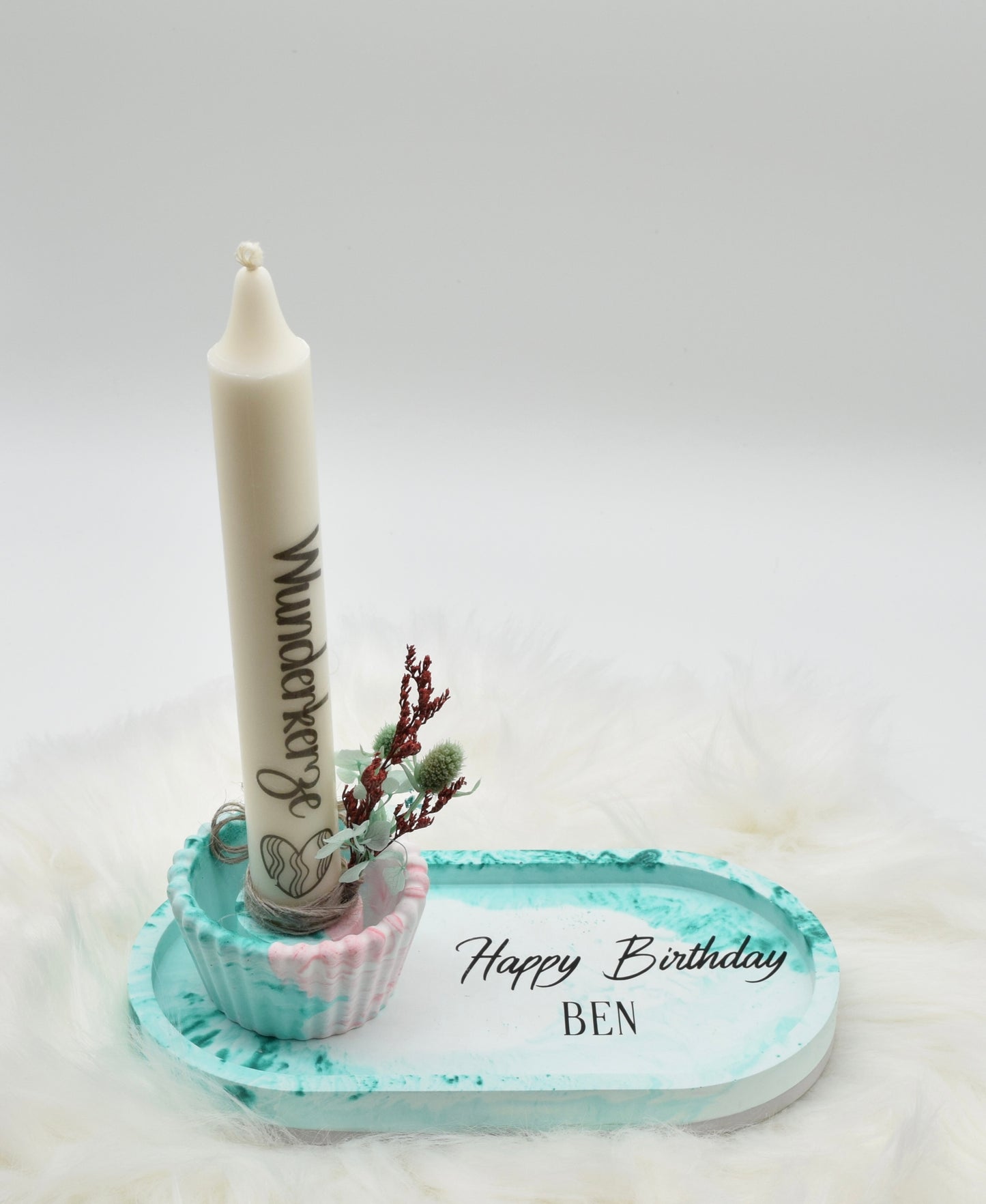 Personalisierbares Deko-Set zum Geburtstag – Handgemacht mit Wunschname, Kerze & Trockenblumen
