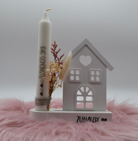 Haus-Kerzenhalter mit Trockenblumen – Handgemachte Deko aus Gießpulver – "Zuhause"