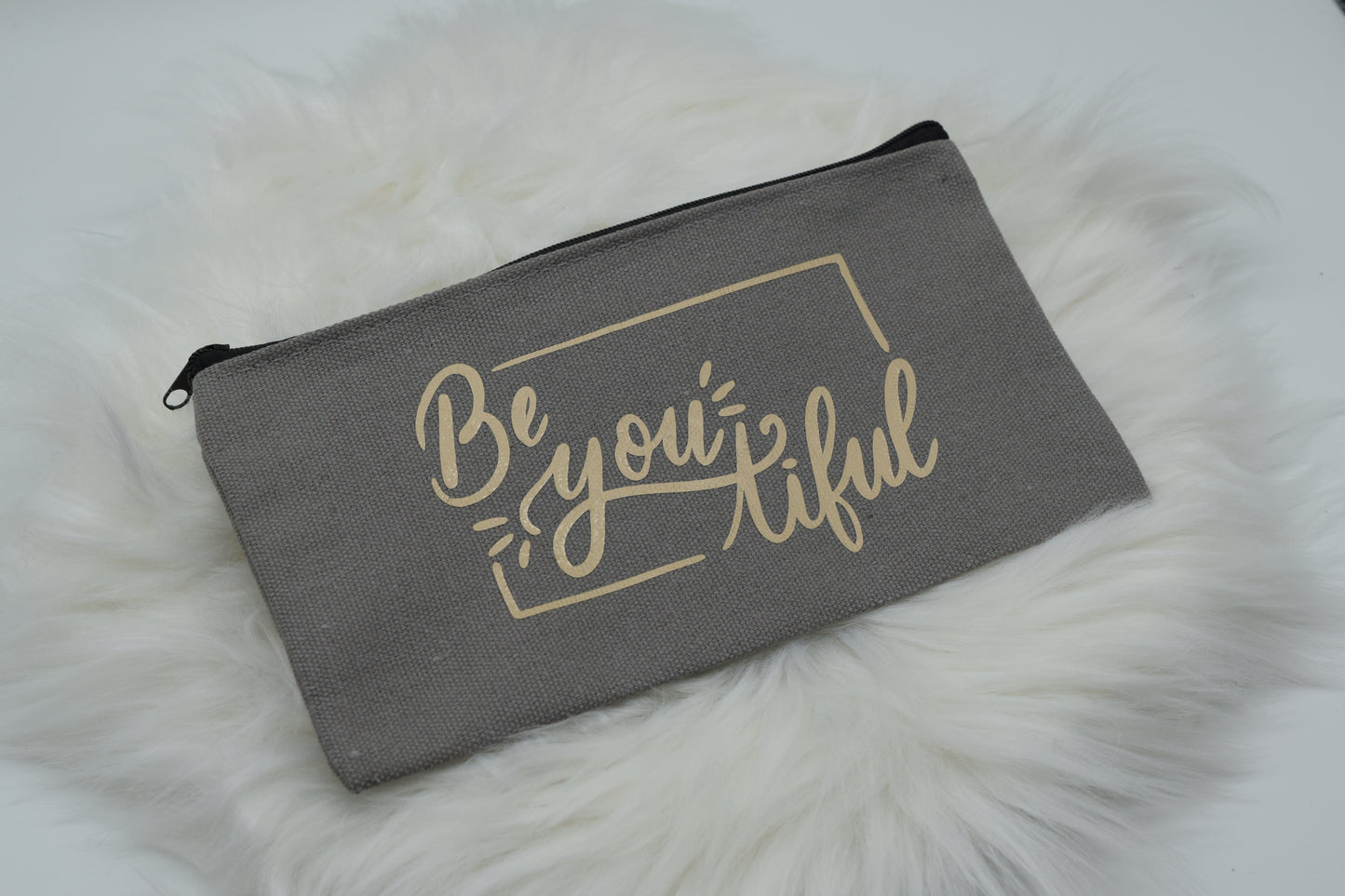 Kosmetiktasche „Be-you-tiful“ – Handgefertigte Schminktasche in Grau & Gold – Perfektes Geschenk